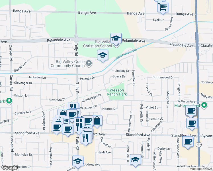 map of restaurants, bars, coffee shops, grocery stores, and more near 948 Mango Drive in Modesto
