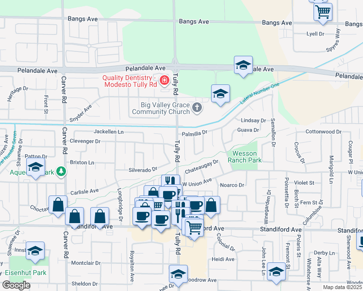 map of restaurants, bars, coffee shops, grocery stores, and more near 3833 Pan-Am Drive in Modesto