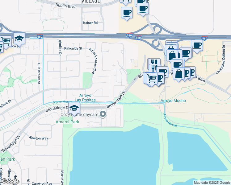map of restaurants, bars, coffee shops, grocery stores, and more near 3366 Vermont Place in Pleasanton