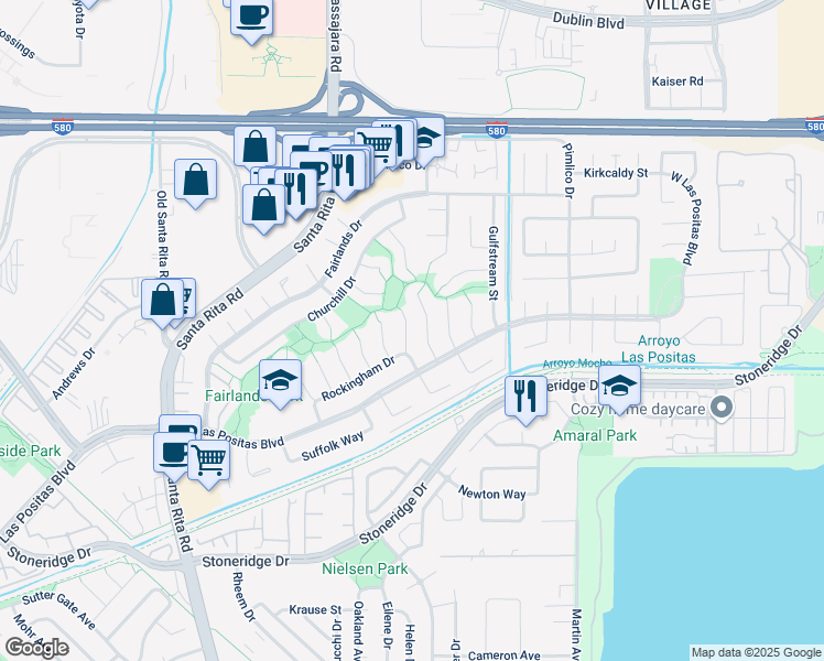 map of restaurants, bars, coffee shops, grocery stores, and more near 3239 Runnymede Court in Pleasanton