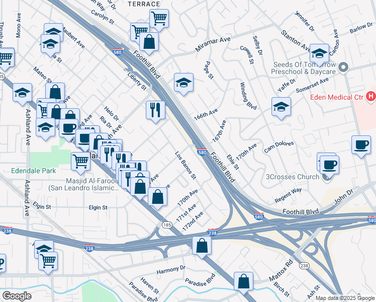 map of restaurants, bars, coffee shops, grocery stores, and more near 16698 Los Banos Street in San Leandro