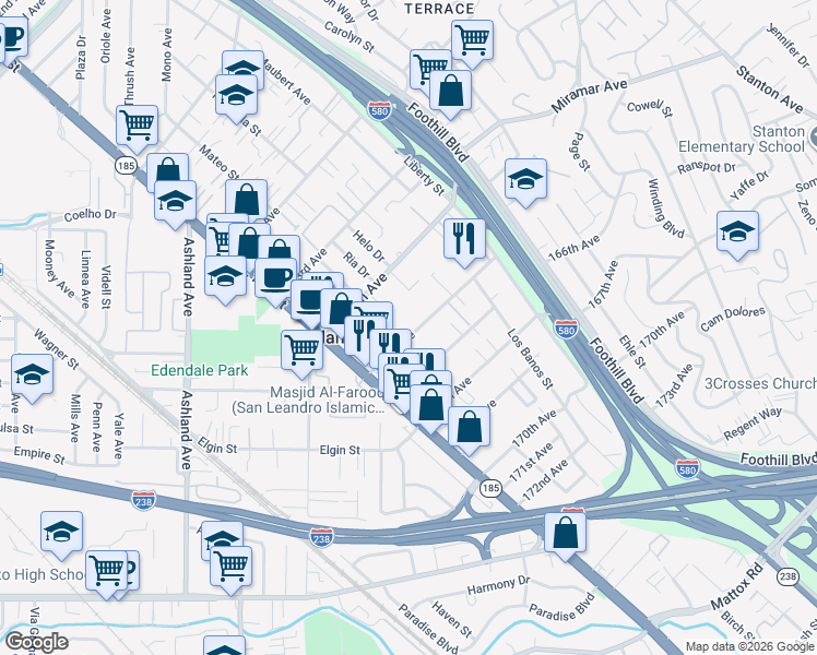 map of restaurants, bars, coffee shops, grocery stores, and more near 1493 165th Avenue in San Leandro