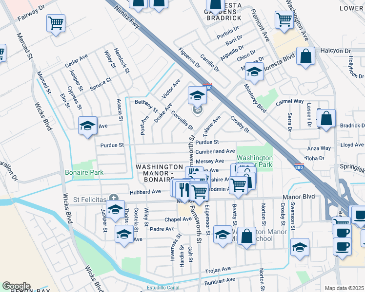 map of restaurants, bars, coffee shops, grocery stores, and more near 1206 Purdue Street in San Leandro