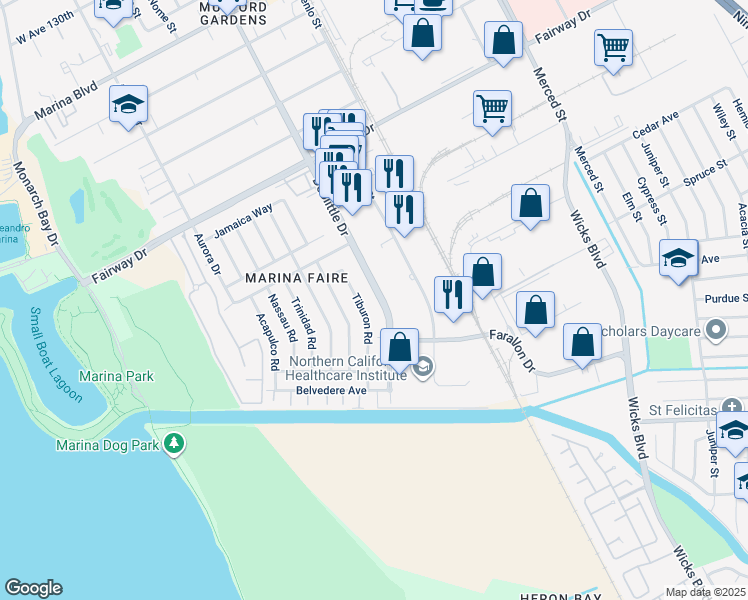 map of restaurants, bars, coffee shops, grocery stores, and more near 14351 Doolittle Drive in San Leandro