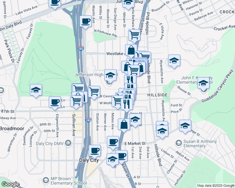 map of restaurants, bars, coffee shops, grocery stores, and more near 2 West Cavour Street in Daly City
