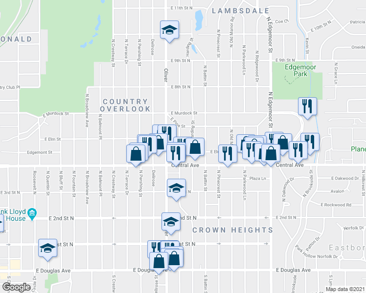 map of restaurants, bars, coffee shops, grocery stores, and more near 619 North Glendale Street in Wichita