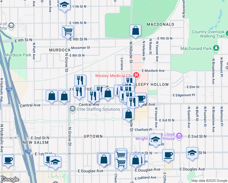map of restaurants, bars, coffee shops, grocery stores, and more near 544 North Erie Street in Wichita