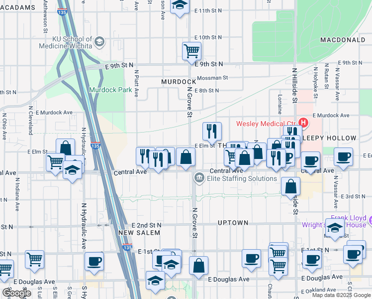 map of restaurants, bars, coffee shops, grocery stores, and more near 550 North Grove Street in Wichita