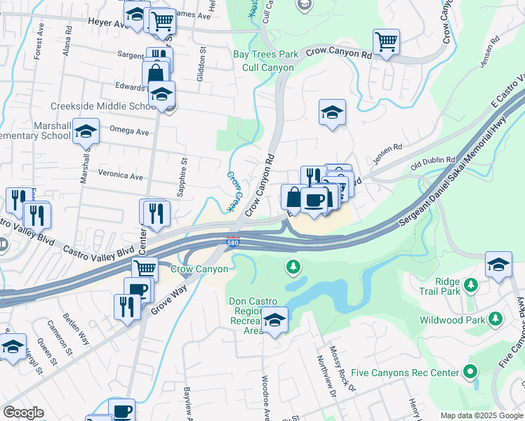 map of restaurants, bars, coffee shops, grocery stores, and more near 4521 Crow Canyon Road in Castro Valley