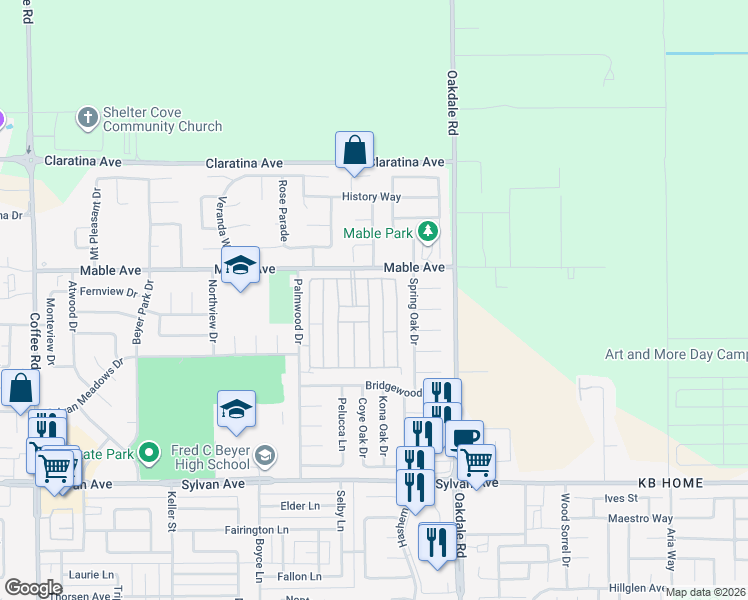 map of restaurants, bars, coffee shops, grocery stores, and more near 3917 Maui Terrace in Modesto