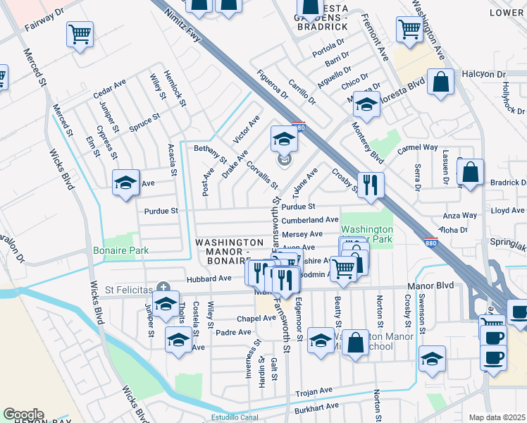 map of restaurants, bars, coffee shops, grocery stores, and more near 1206 Purdue Street in San Leandro