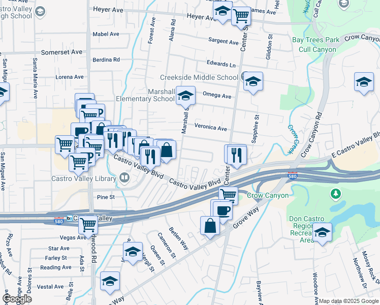 map of restaurants, bars, coffee shops, grocery stores, and more near 4021 Meadowview Drive in Castro Valley