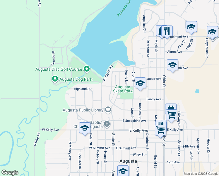 map of restaurants, bars, coffee shops, grocery stores, and more near 201 West Sunflower Avenue in Augusta