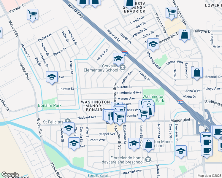 map of restaurants, bars, coffee shops, grocery stores, and more near 1206 Purdue Street in San Leandro