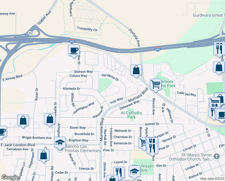 map of restaurants, bars, coffee shops, grocery stores, and more near 634 Placer Court in Livermore