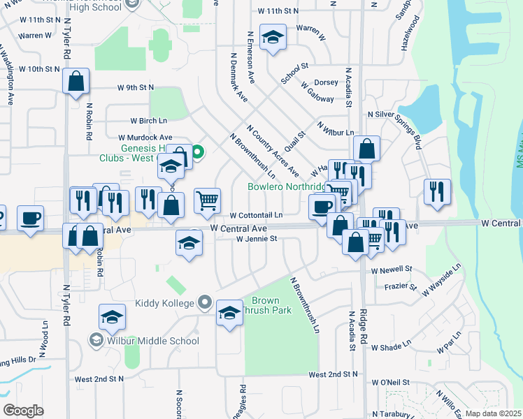 map of restaurants, bars, coffee shops, grocery stores, and more near 725 North Redbarn Lane in Wichita