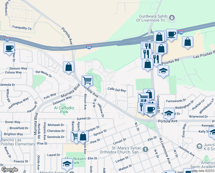 map of restaurants, bars, coffee shops, grocery stores, and more near 1504 Calle Del Rey in Livermore
