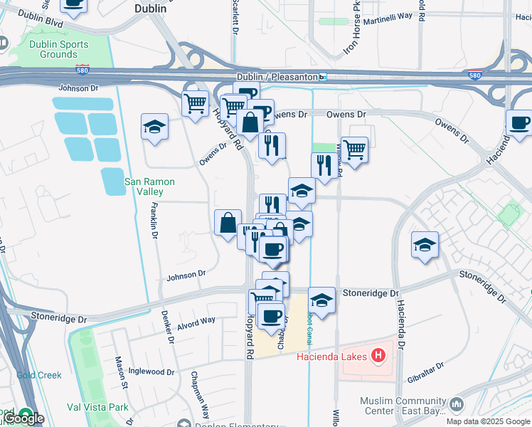 map of restaurants, bars, coffee shops, grocery stores, and more near 4682 Chabot Dr in Pleasanton