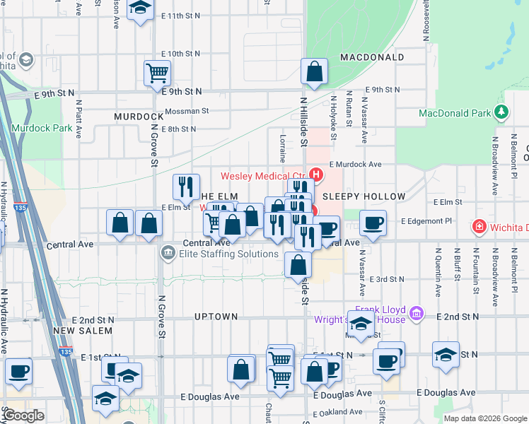 map of restaurants, bars, coffee shops, grocery stores, and more near 544 North Erie Street in Wichita