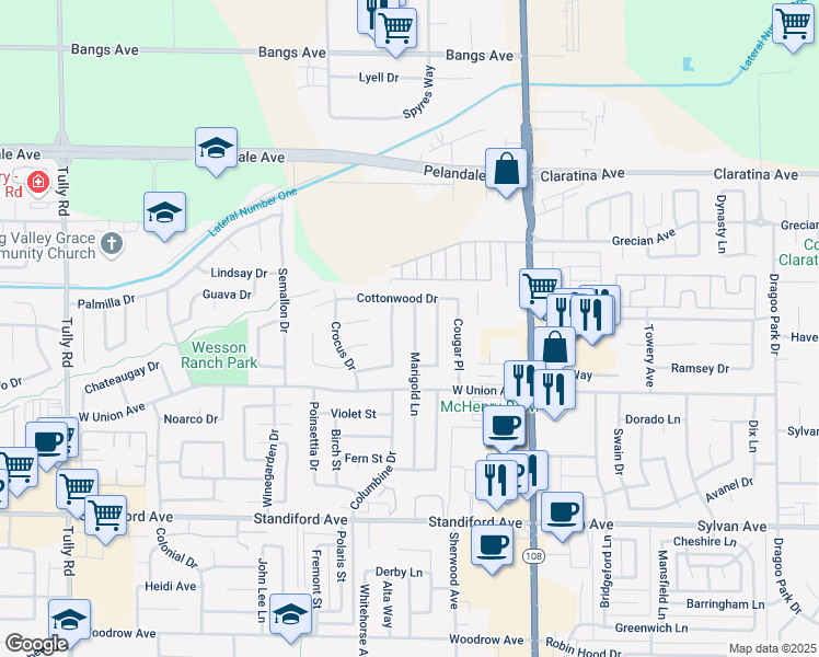 map of restaurants, bars, coffee shops, grocery stores, and more near 3909 Marigold Lane in Modesto