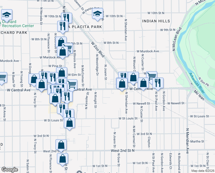 map of restaurants, bars, coffee shops, grocery stores, and more near 3434 West Central Avenue in Wichita