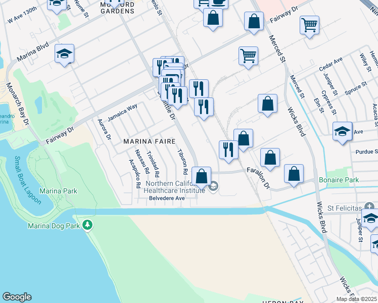 map of restaurants, bars, coffee shops, grocery stores, and more near 14295 Doolittle Drive in San Leandro