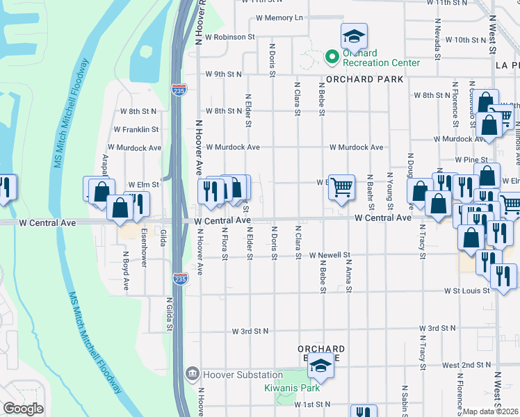 map of restaurants, bars, coffee shops, grocery stores, and more near 5226 West Central Avenue in Wichita