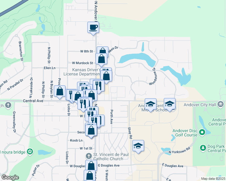 map of restaurants, bars, coffee shops, grocery stores, and more near 224 East Central Avenue in Andover