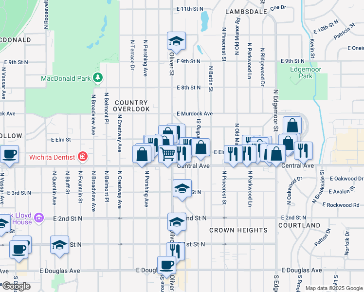 map of restaurants, bars, coffee shops, grocery stores, and more near 619 North Glendale Street in Wichita