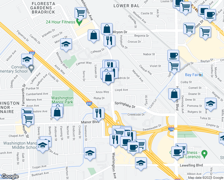 map of restaurants, bars, coffee shops, grocery stores, and more near Washington Avenue & Lloyd Avenue in San Leandro