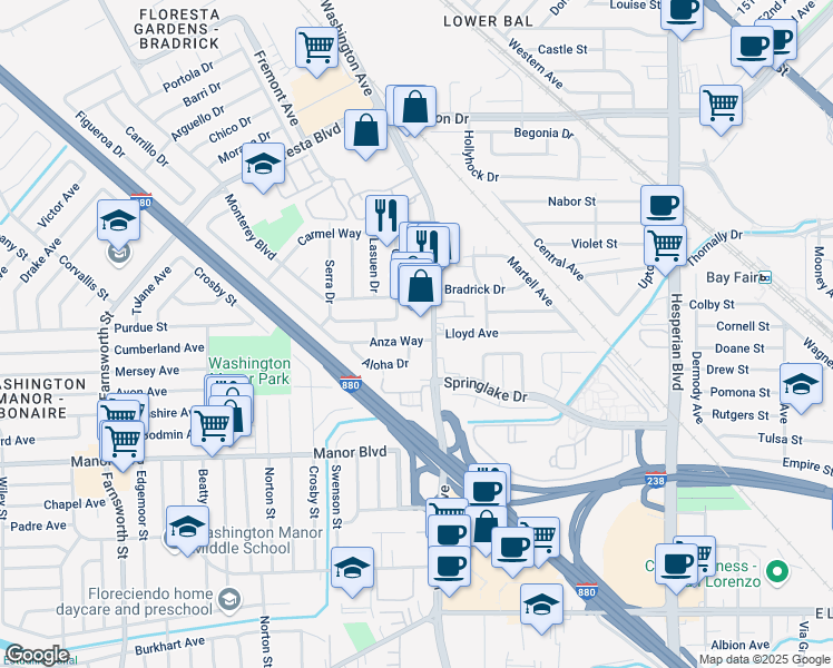 map of restaurants, bars, coffee shops, grocery stores, and more near 391 Anza Way in San Leandro