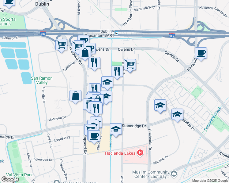 map of restaurants, bars, coffee shops, grocery stores, and more near 5934 Gibraltar Drive in Pleasanton