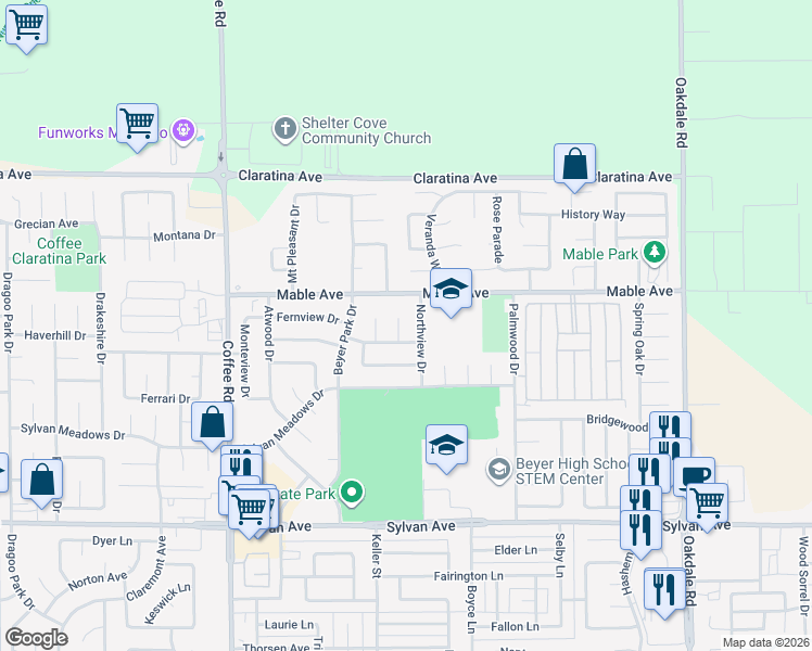 map of restaurants, bars, coffee shops, grocery stores, and more near 3904 Midcrest Court in Modesto