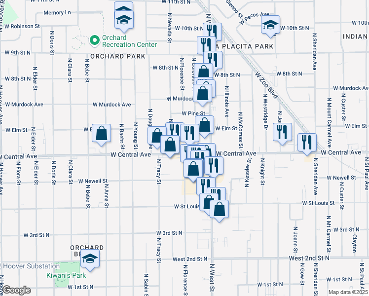map of restaurants, bars, coffee shops, grocery stores, and more near 4130 W Central Ave in Wichita