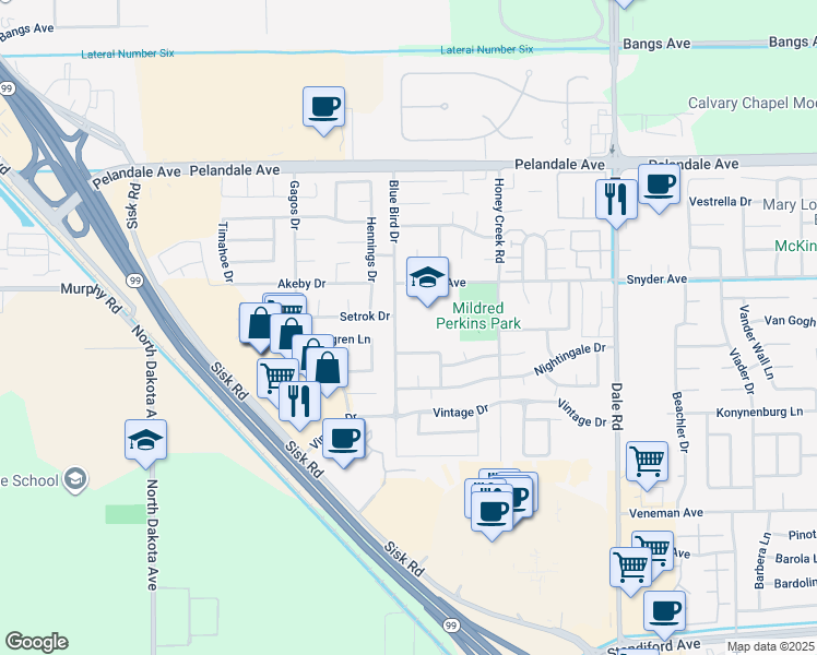 map of restaurants, bars, coffee shops, grocery stores, and more near 3920 Blue Bird Drive in Modesto