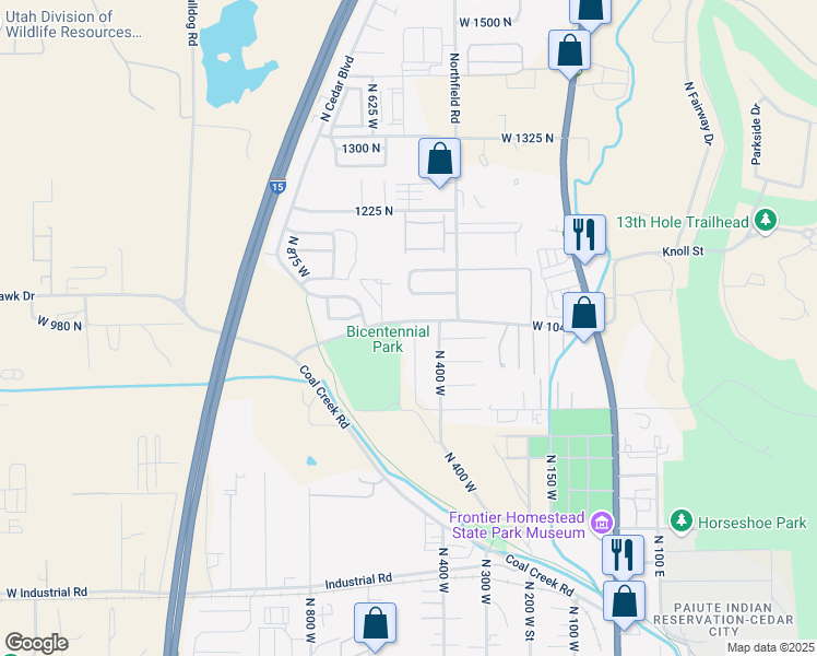 map of restaurants, bars, coffee shops, grocery stores, and more near 1023 Ironwood Circle in Cedar City