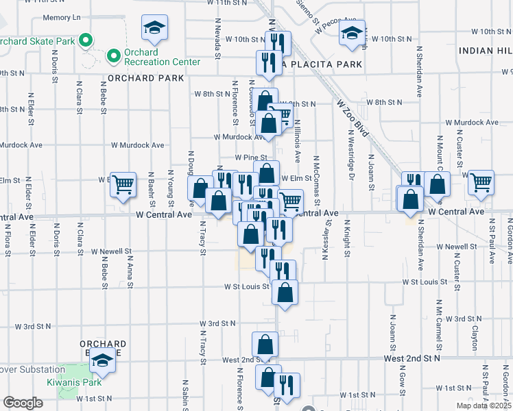 map of restaurants, bars, coffee shops, grocery stores, and more near 4040 West Central Avenue in Wichita