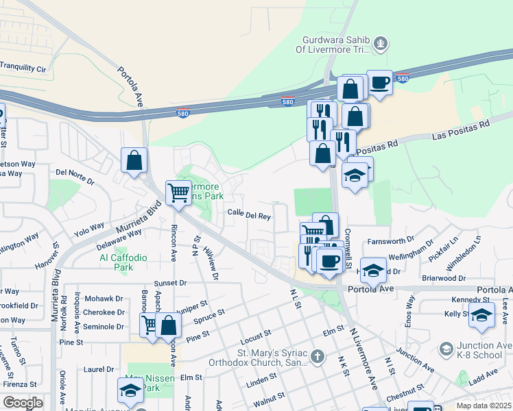 map of restaurants, bars, coffee shops, grocery stores, and more near 1494 Portola Meadows Road in Livermore