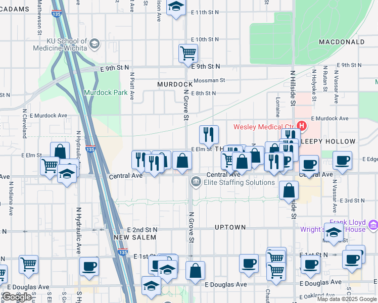 map of restaurants, bars, coffee shops, grocery stores, and more near 550 North Grove Street in Wichita
