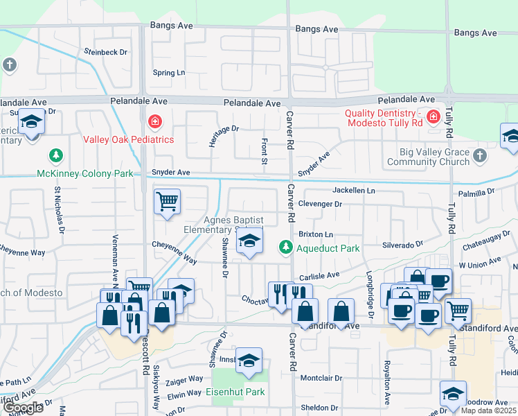 map of restaurants, bars, coffee shops, grocery stores, and more near 3901 Terhune Court in Modesto