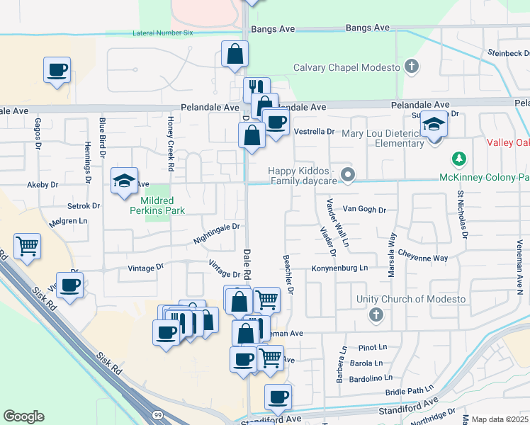 map of restaurants, bars, coffee shops, grocery stores, and more near 3900 Dale Road in Modesto