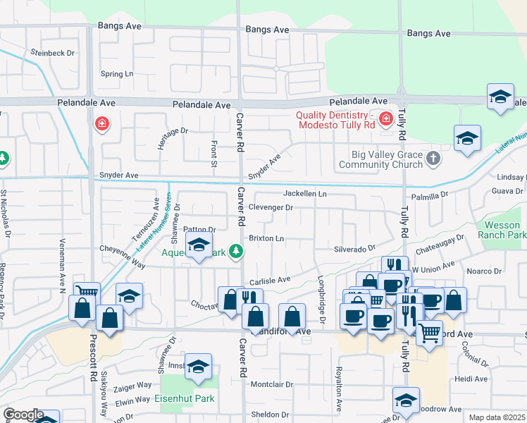 map of restaurants, bars, coffee shops, grocery stores, and more near 1604 Clevenger Drive in Modesto
