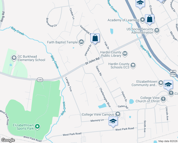 map of restaurants, bars, coffee shops, grocery stores, and more near 590-592 Charlemagne Boulevard in Elizabethtown