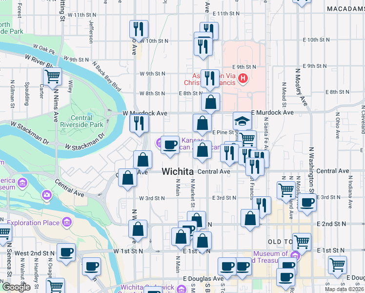 map of restaurants, bars, coffee shops, grocery stores, and more near 600 N Main St in Wichita