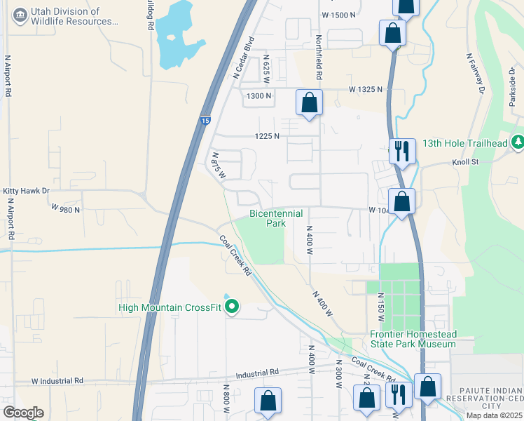 map of restaurants, bars, coffee shops, grocery stores, and more near 351 North Cedar Boulevard in Cedar City