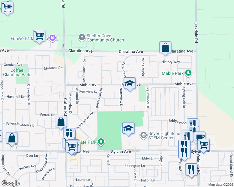 map of restaurants, bars, coffee shops, grocery stores, and more near 3904 Midcrest Court in Modesto