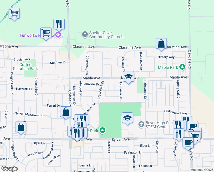 map of restaurants, bars, coffee shops, grocery stores, and more near 3905 Fieldcrest Court in Modesto