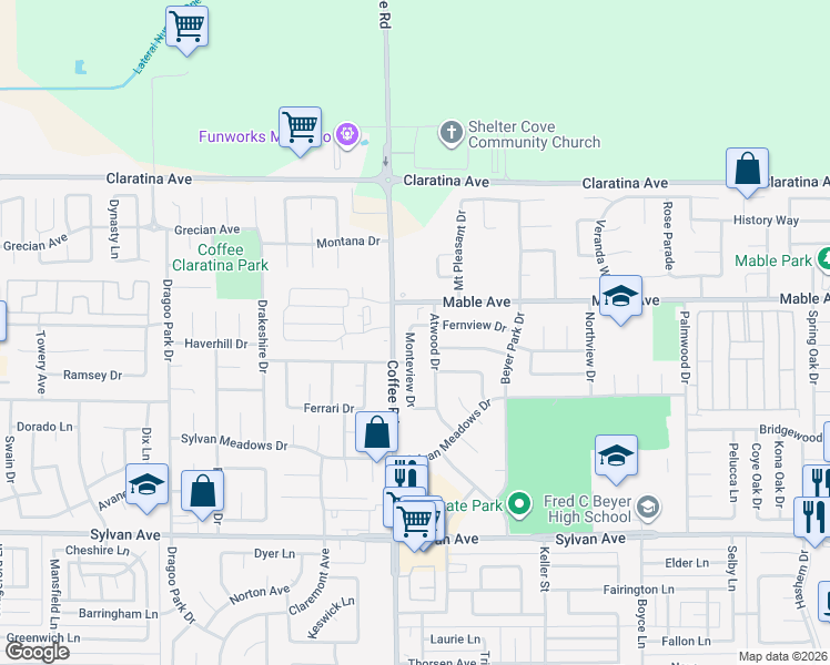 map of restaurants, bars, coffee shops, grocery stores, and more near 3900 Monteview Drive in Modesto
