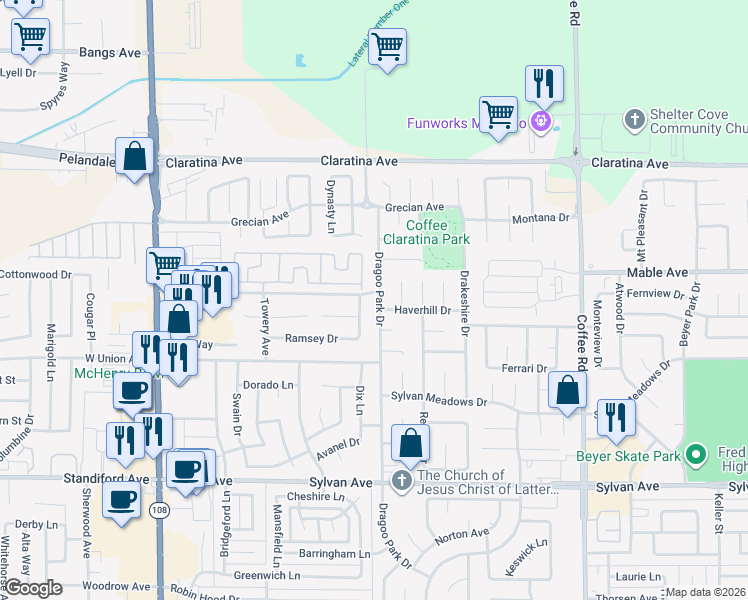 map of restaurants, bars, coffee shops, grocery stores, and more near 3836 Fensom Way in Modesto