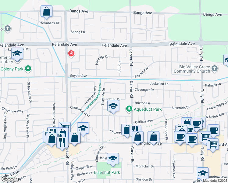 map of restaurants, bars, coffee shops, grocery stores, and more near 3901 Terhune Court in Modesto